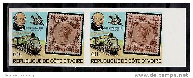 Ivory Coast Sc514 Rowland Hill, Train, Stamp On Stamp, Great Britain Sc75, Imperf Pair R - Rowland Hill