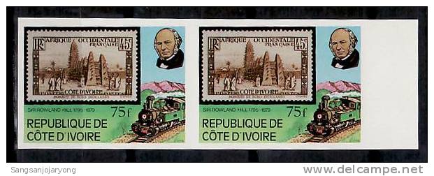 Ivory Coast Sc515 Rowland Hill, Train, Stamp On Stamp, Sc125, Imperf Pair R - Rowland Hill