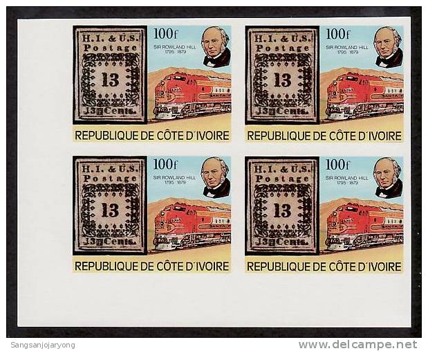 Ivory Coast Sc516 Rowland Hill, Train, Stamp On Stamp, Hawaii Sc4, Imperf Block LD - Rowland Hill