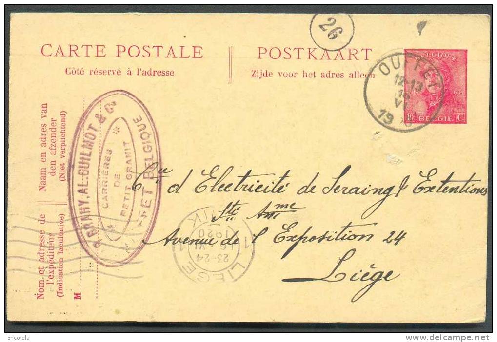 EP Carte 10 Cent. Casqué Obl. Sc OUFFET 16-VI-1920 BRAHY AL. GUILMOT Carrières De Petit Granit à Ouffet Vers Liège - 509 - Postkarten 1909-1934