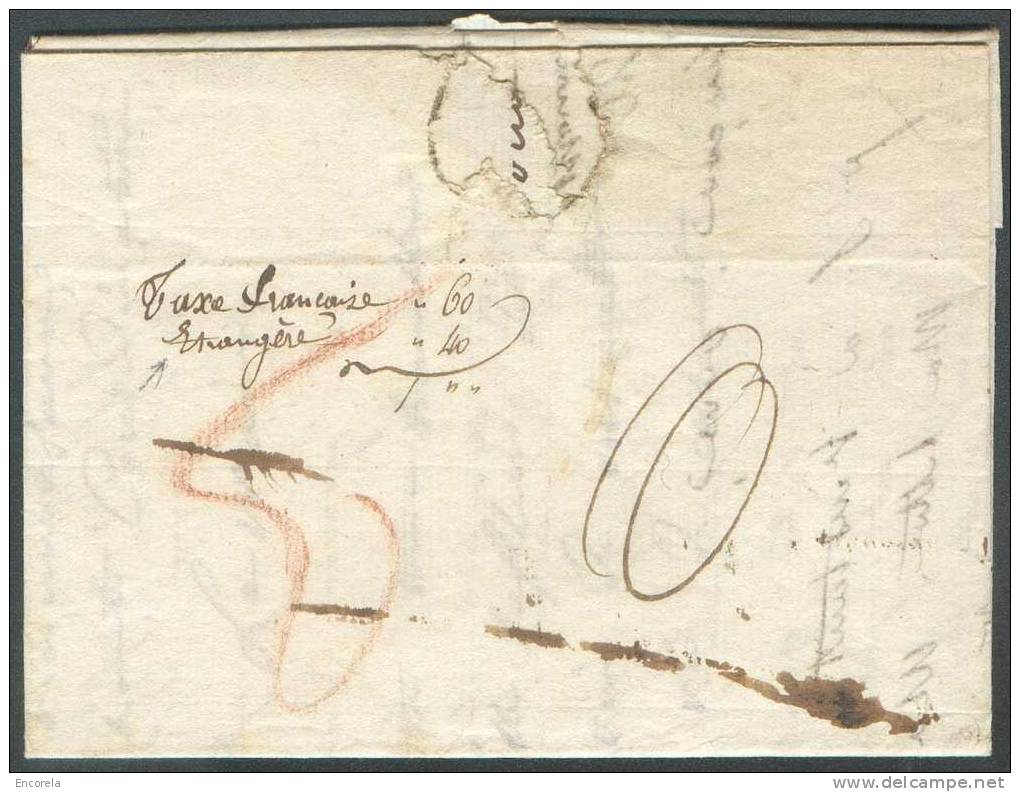 LAC De 55/ALENCON (griffe Rouge) + Gr. Encadrée P.P.P.P. Vers Bruxelles - Verso : Manuscrit "Taxe Française 60/Etrangère - 1794-1814 (Période Française)