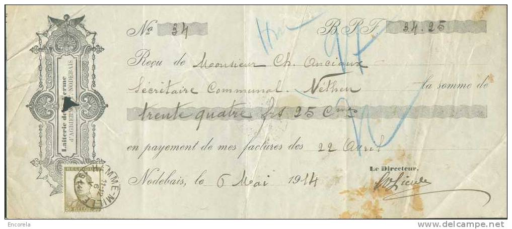 20 Centimes Pellens Obl. Sc HAMME-MILLE S/Reçu De La LAITERIE De La FERME AGBIERMONT à NODEBAIS Du 6 Mai 1914 Pour Une S - 1912 Pellens