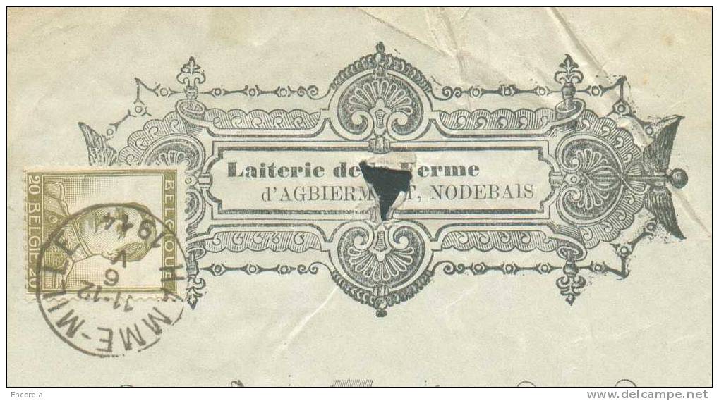 20 Centimes Pellens Obl. Sc HAMME-MILLE S/Reçu De La LAITERIE De La FERME AGBIERMONT à NODEBAIS Du 6 Mai 1914 Pour Une S - 1912 Pellens