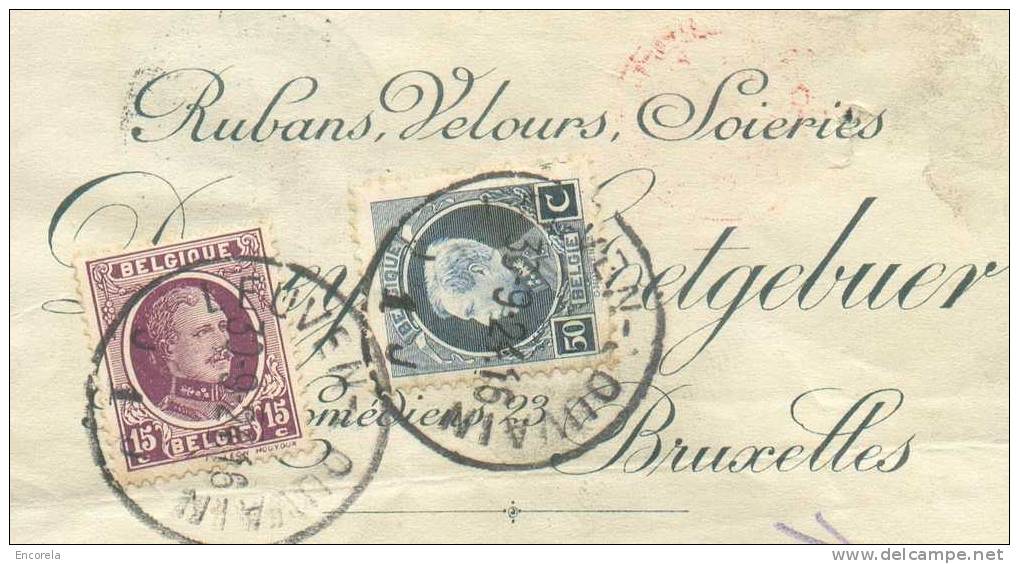 15 Cent. Houyoux + 50 C. Montenez Obl. Sc LOUVAIN LEUVEN S/Reçu De Mr. GOETGEBEUR Rubans, Velours Et Soieries  Le 30 Sep - 1921-1925 Small Montenez