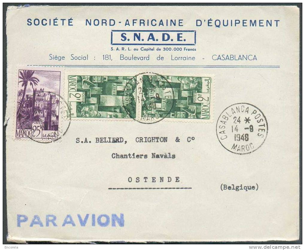 Lettre Par Avion (affr. à 29 Frs) De CASABLANCA (Soc. Nord-africaine D'équipement) Du 14-9-1948 Vers Ostende. - 5130 - Maroc (1956-...)