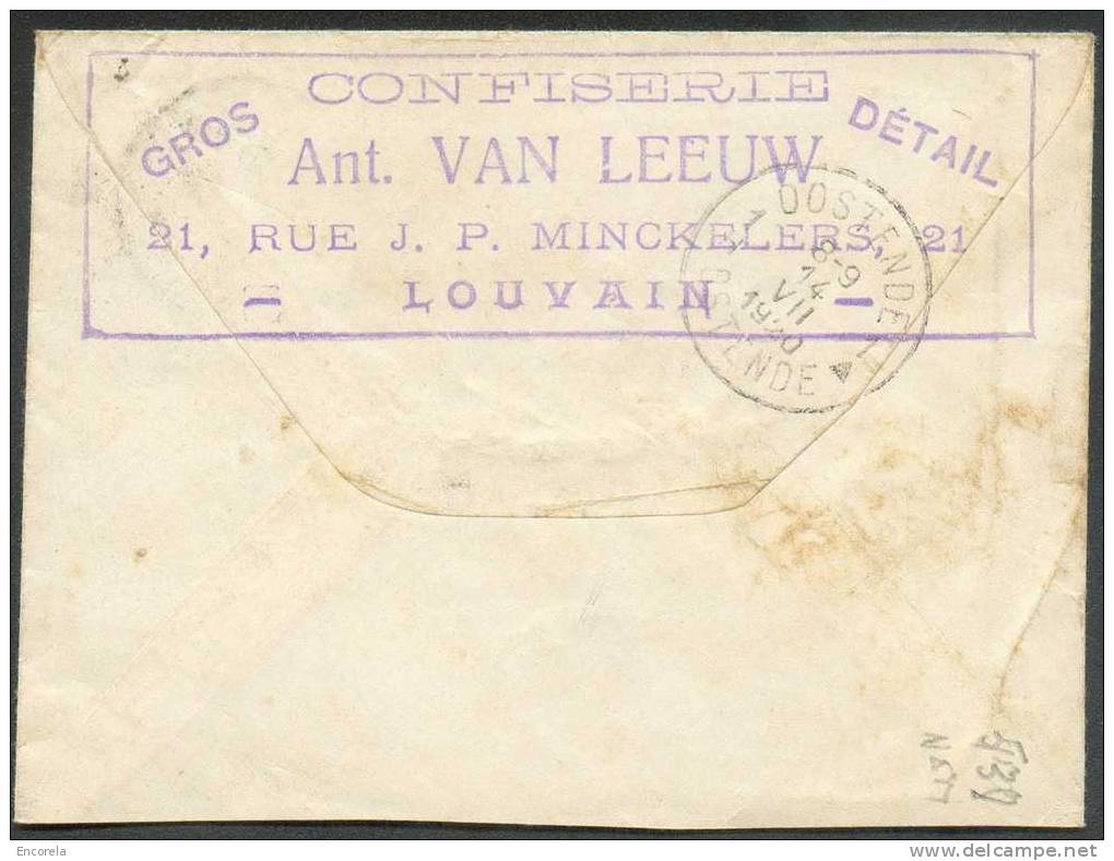 15 Centimes Emission 1915 Obl. Sc LEUVEN 3 S/Env. Du 13-VII-1920 Vers Ostende - Verso : Cachet GROS/DETAIL  CONFISSEUR - 1915-1920 Albert I