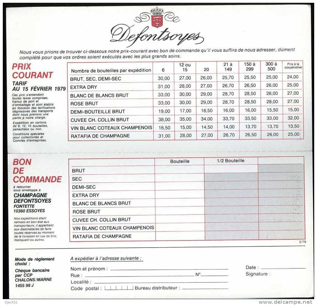 Ancien Tarifs CHAMPAGNE DEFONTSOYES à FONTETTE - Factures