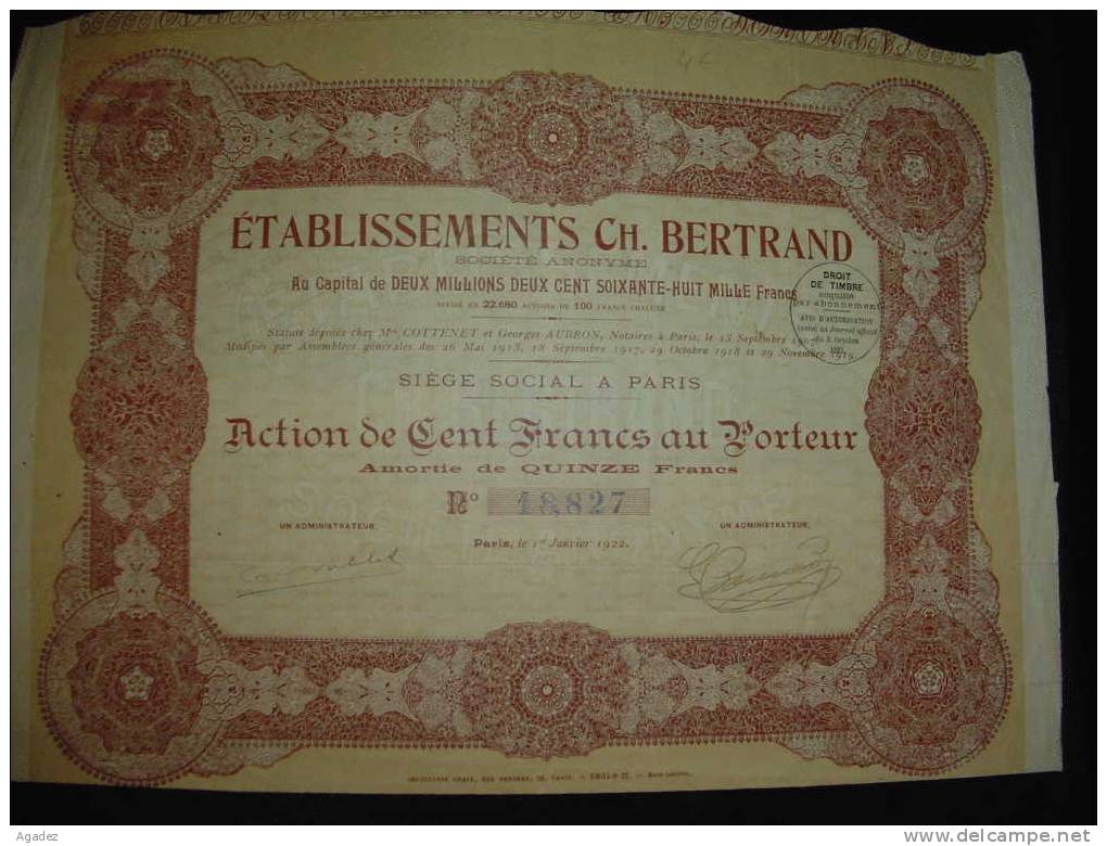 Action " Ets Ch.Bertrand "  Paris 1922 Reste Des Coupons. - A - C
