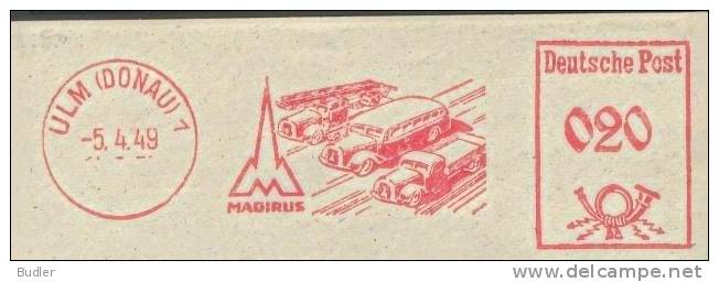 DEUTSCHE POST : 1949 : Red Postal Metermark On Fragment : CAMION,POIDS LOURD,TRUCK,COACH,FIRE-ENGINE,## MAGIRUS ##, - Trucks