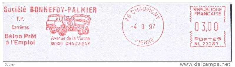 FRANCE : 1997 : Red Postal Metermark On Fragment : TRANSPORT,CAMION,POIDS LOURD,TRUCK,BETON-MIXER,BETON Prêt à L’Emploi, - Trucks