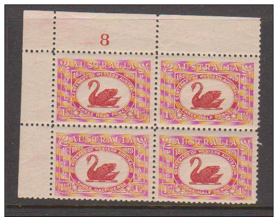 Australia 1929  1.5d  Red   "SWAN"  Plate 8  Block Of 4  MNH  (**) - Sheets, Plate Blocks &  Multiples