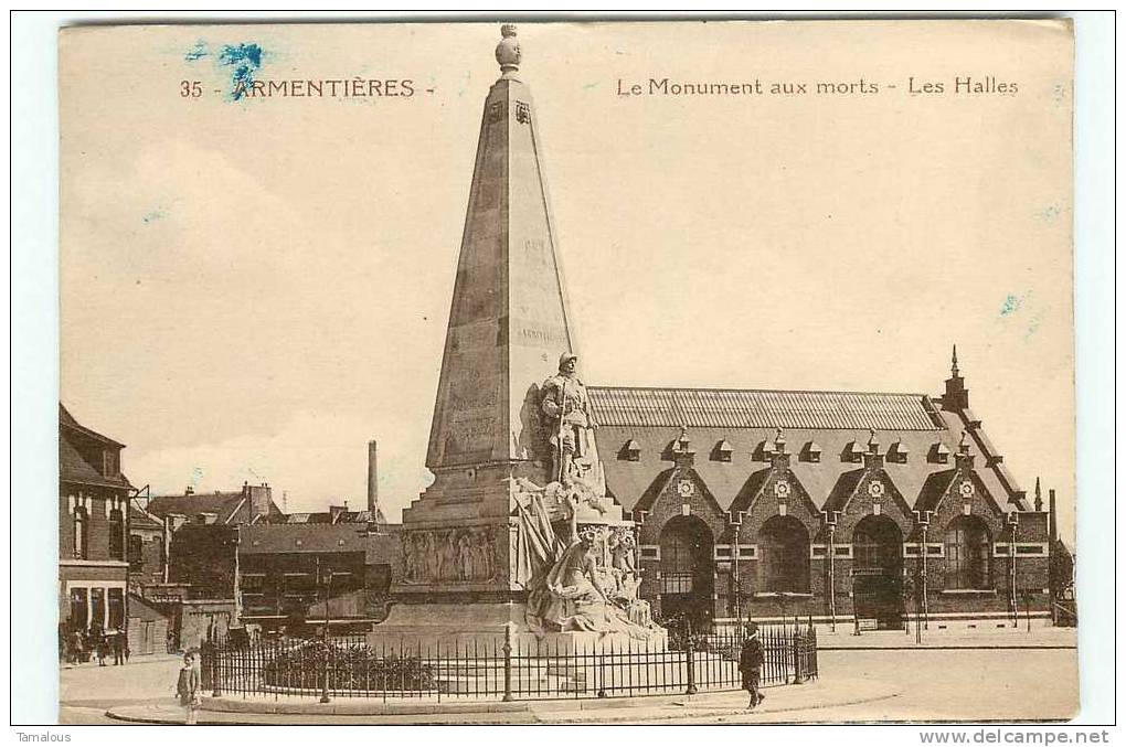 59 - ARMENTIERES - LE MONUMENT Aux MORTS - LES HALLES - Scan Recto-verso - - Armentieres