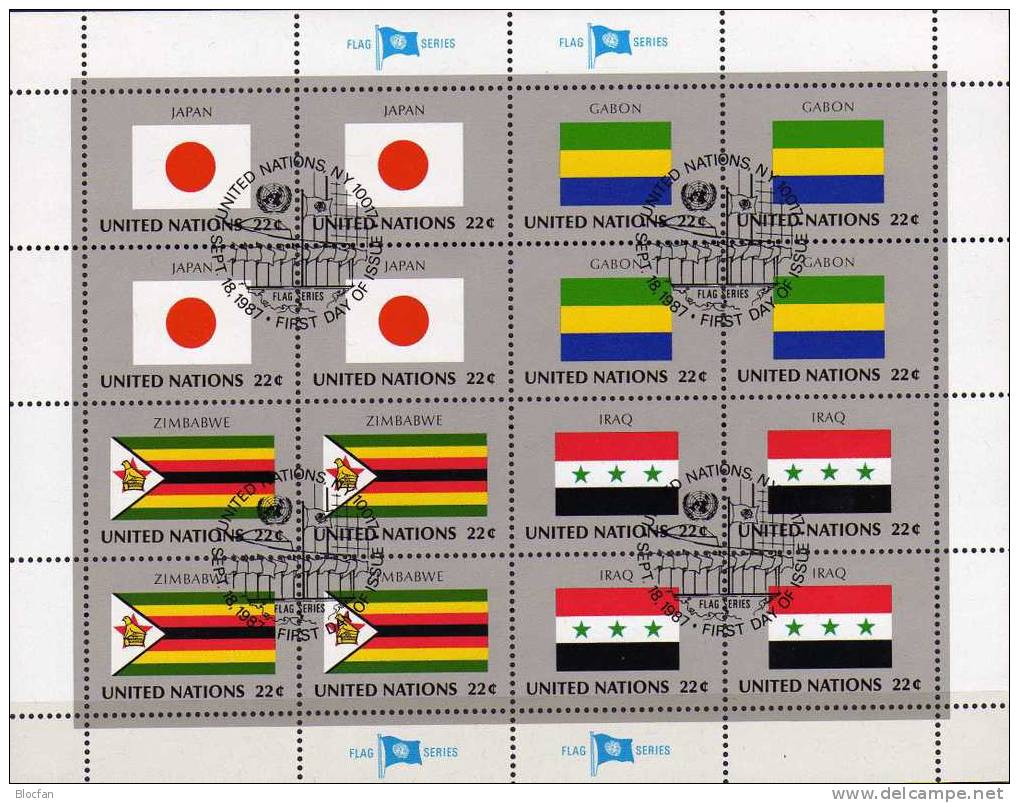 Kleinbogen UNO Flaggen VIII 1987 New York 524/39+ 4KB O 55€ Haiti Irak Yemen Vanuatu Nippon Simbabwe Flag Sheet Bf UN NY - Stamps