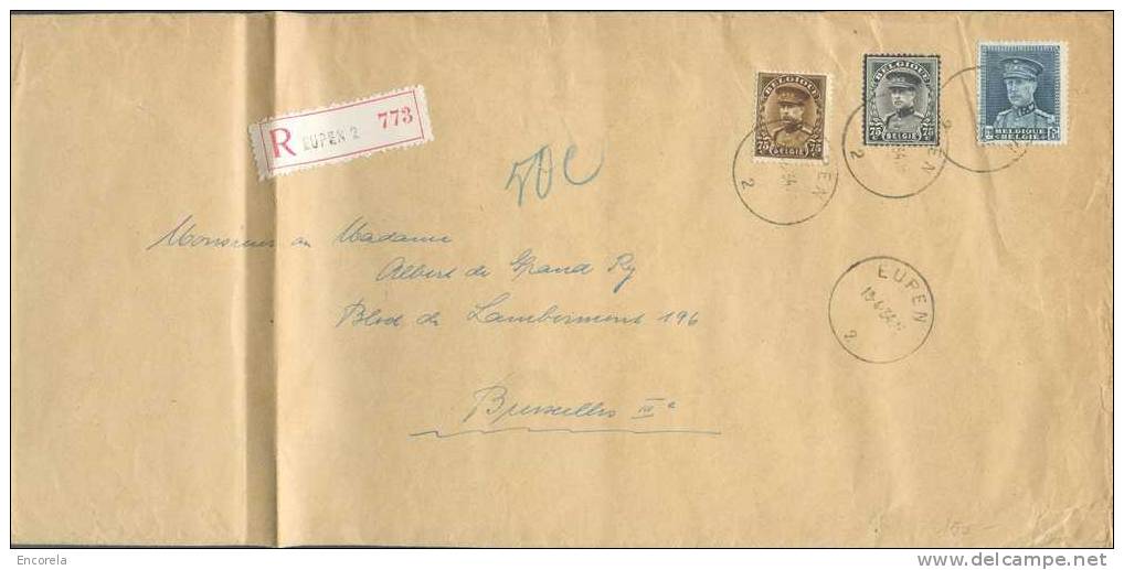 Lettre Recommandée Affr. KEPI à 3Fr.25 Sc EUPEN 2 Le 15-4-1934 Vers Bruxelles.  - 5226 - 1931-1934 Mütze (Képi)