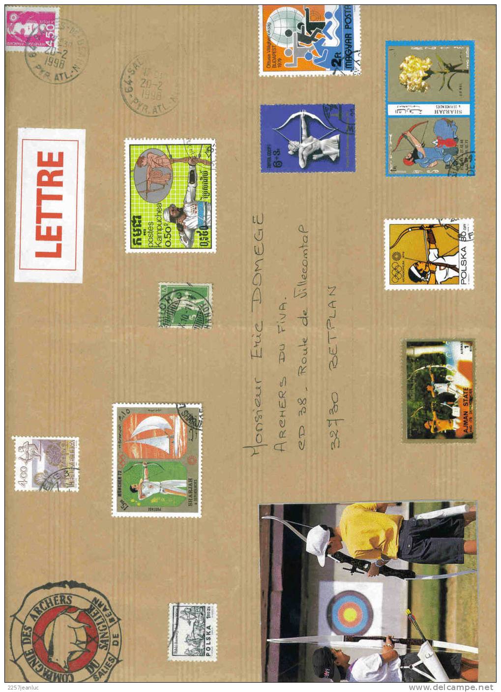 Lettre Fantaisie Exp Compagnie Archers Salis De Bearn Composition 10timbres Tir A L´arc - Bogenschiessen