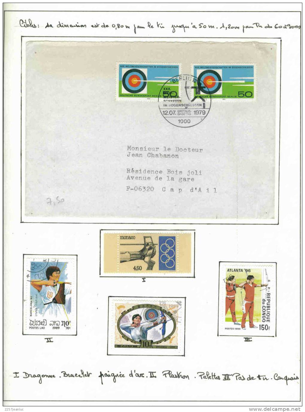 Themes   Tir A L´arc Une  Lettres 4 Timbres Divers Et Archers Sur Feuille Safe D´ Exposition - Boogschieten