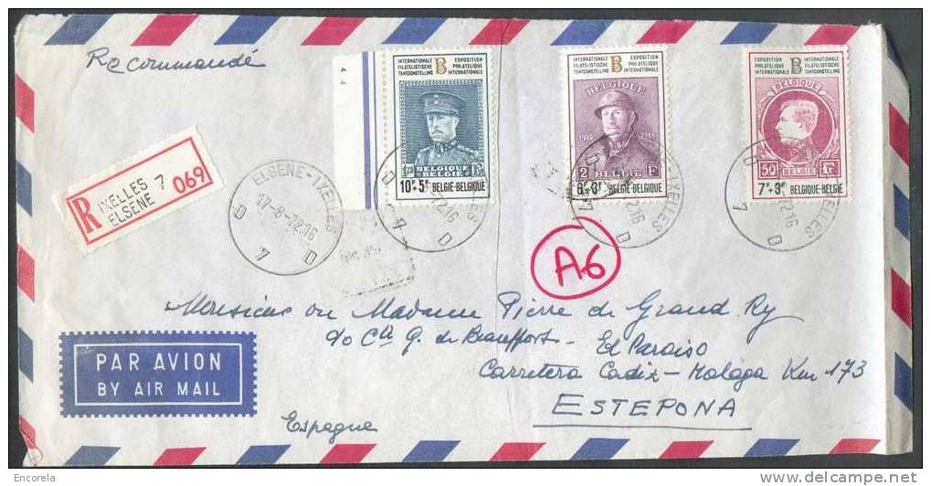 Lettre Recommandée D´IXELLES 7 Affranchissement BELGICA 72 à 23 Francs Opour Estepona (Espagne) Via Malaga. - 5227 - Storia Postale