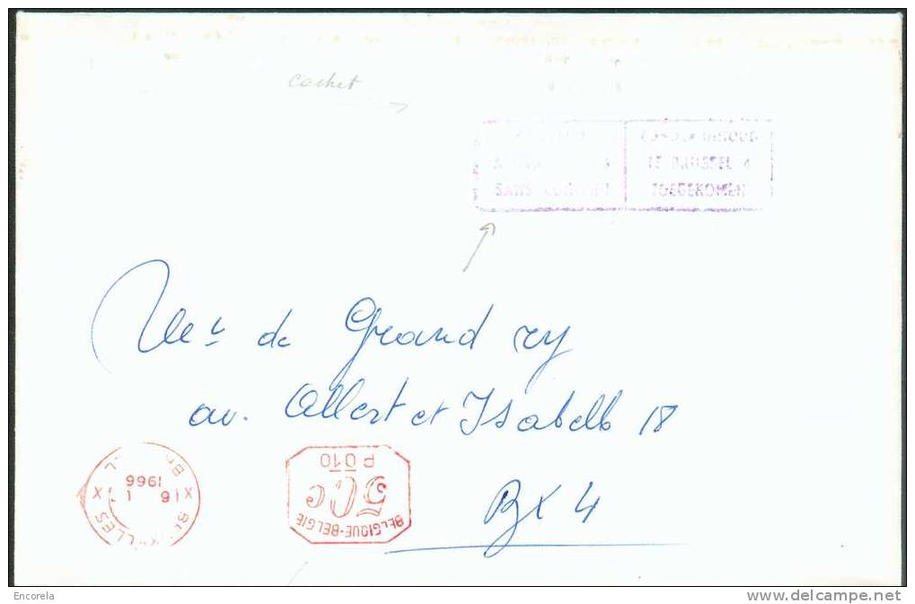 Enveloppe Affranchissement Mécanique BRUXELLES X/ 50 C./P 010 Du 6-1-1966 + Griffe Bilingue PARVENU/A BRUXELLES 4/SANS C - Crash Covers