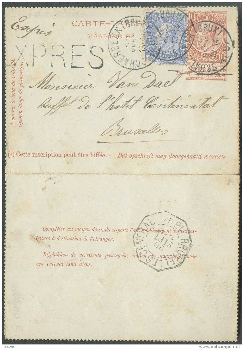 N°60 En Affr. Compl. S/E.P. Carte-lettre 10 Centimes Fine Barbe, Obl. Sc SCHAERBEEK (BRUX) En EXPRES Le 20 Sept. 1897 Ve - Carte-Lettere