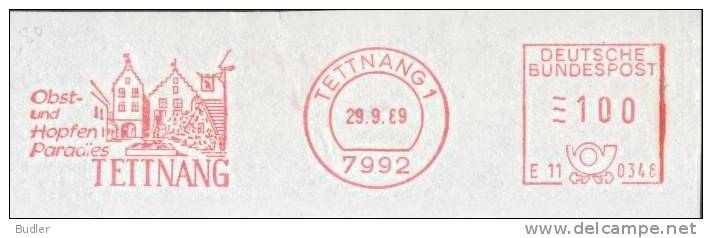 DEUTSCHE BUNDESPOST:1989:Red Postal Metermark On Fragment:HOP,HOUBLON,BIER,BIERE,BEER,## TETTNANG #, - Biere