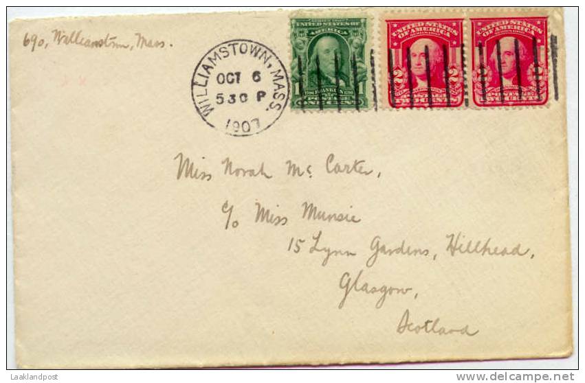 USA 1907 COVER WILLIAMSTOWN TO  GLASGOW. FRANKED WITH 1c + 2c PAIR, WILLIAMSTOWN-MASS MACHINE CANCEL WITH VERTICAL BARS; - Lettres & Documents