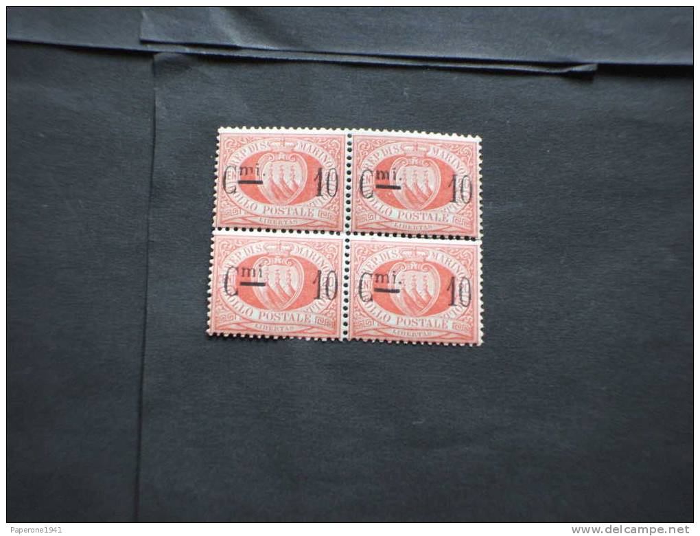 SAN MARINO-VARIETA'-1892 STEMMA C.MI 10 Su 20c. IN QUARTINA(block Of Four) - .NUOVO(++). - Unused Stamps