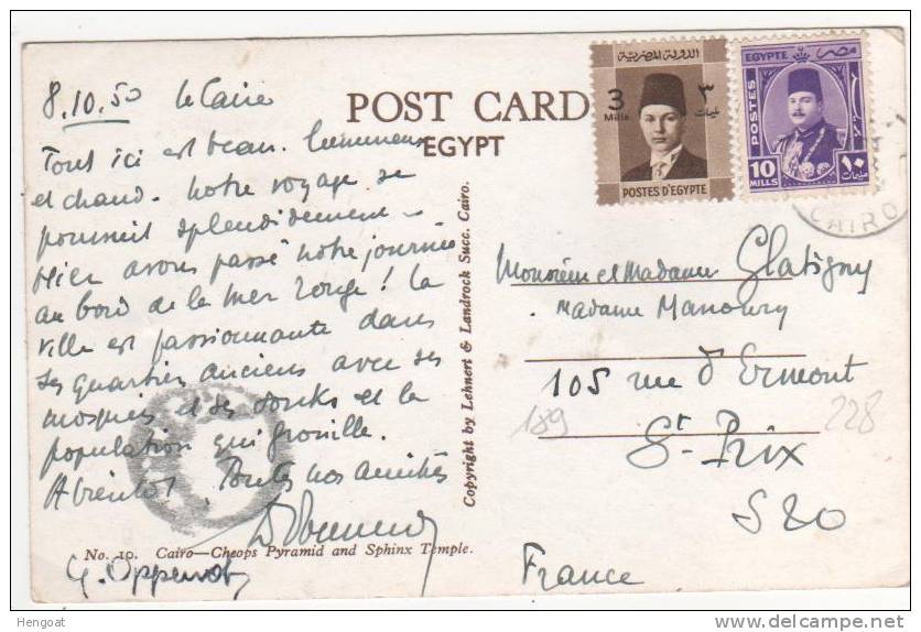 Timbres Yvert N° 189 Et 228 / Carte , Postcard Du  8/10/50  Pour La France , 2 Scans - Cartas & Documentos