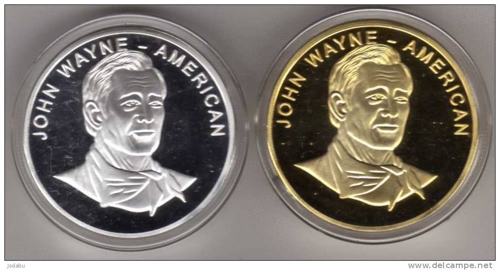 2 Superbes Médailles (40mm-30grs) De JOHN-WAYNE ..1 Plaqué Argent 999..1plaqué  Or 24 Carats - Autres & Non Classés