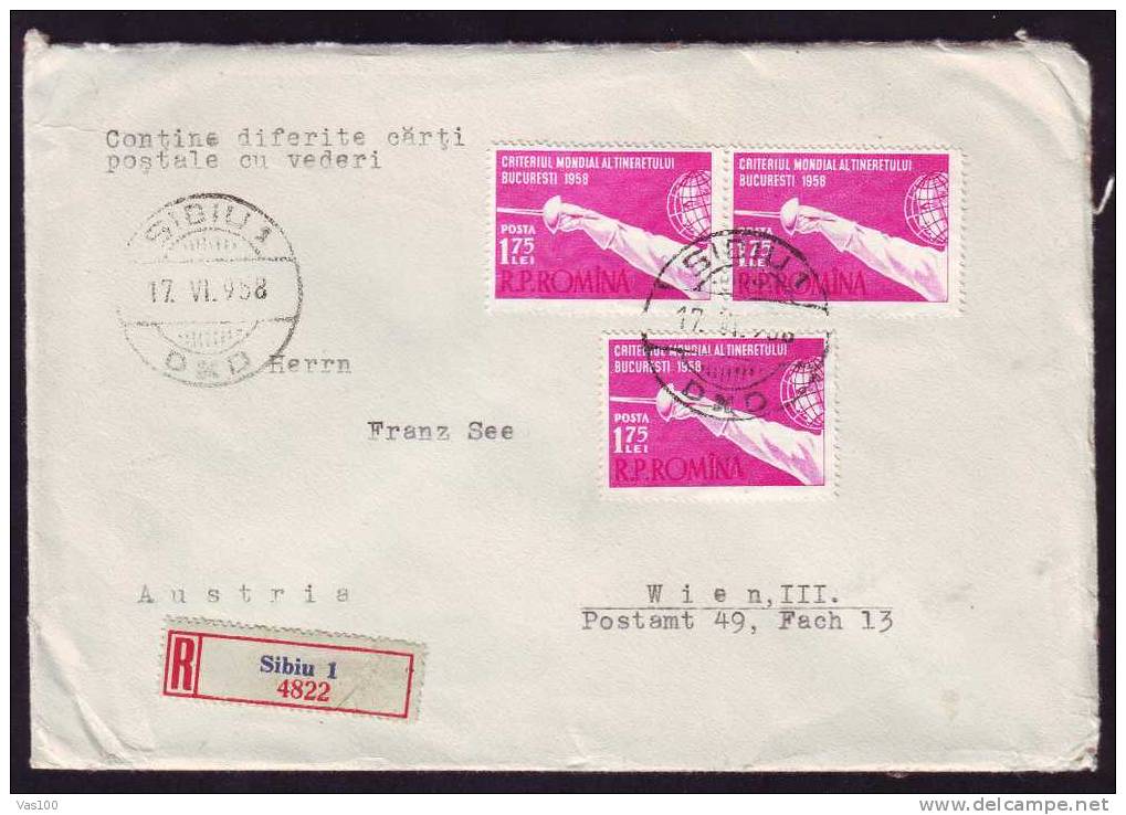 FENCING,ESCRIME World Campionship 1958 Bucharest -Romania 3 Stamps On Registred Cover , Romania. - Fencing