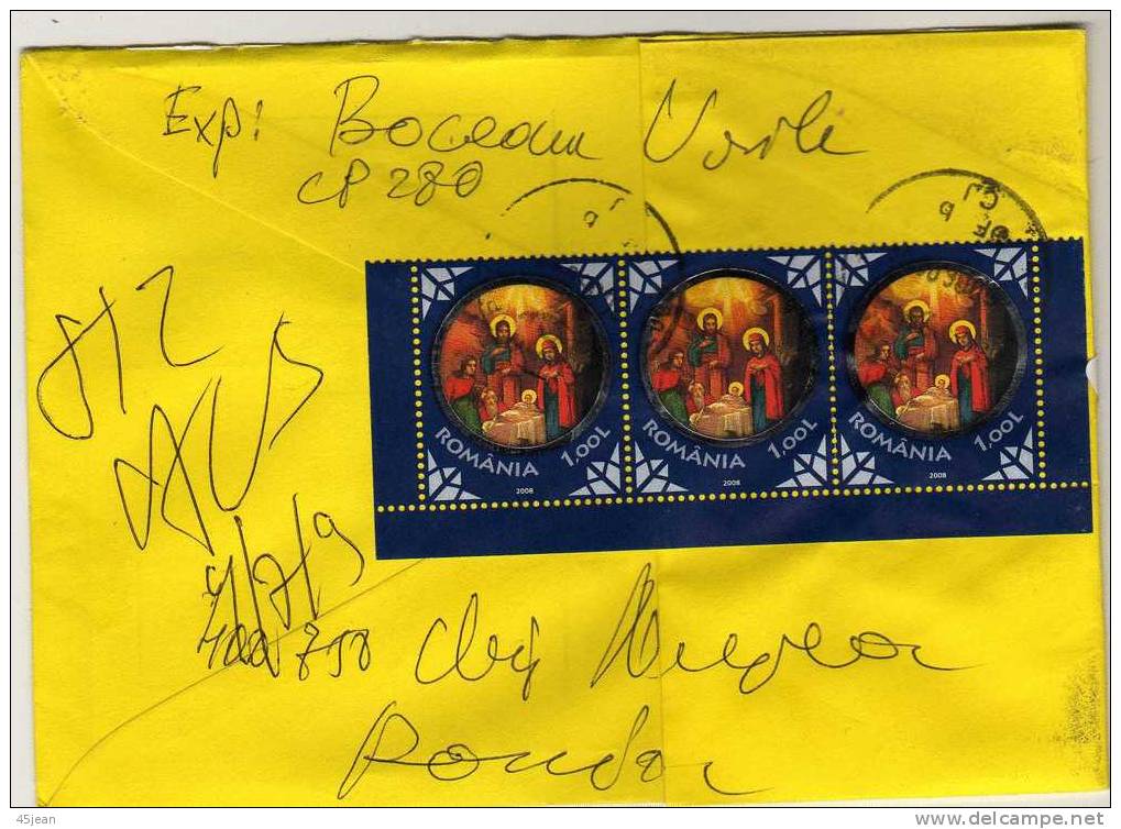 Roumanie: 2009 Lettre Vers La France Avec Timbre "morse" (caché) Et Au Dos Bande De 3 Timbres Nativité - Briefe U. Dokumente