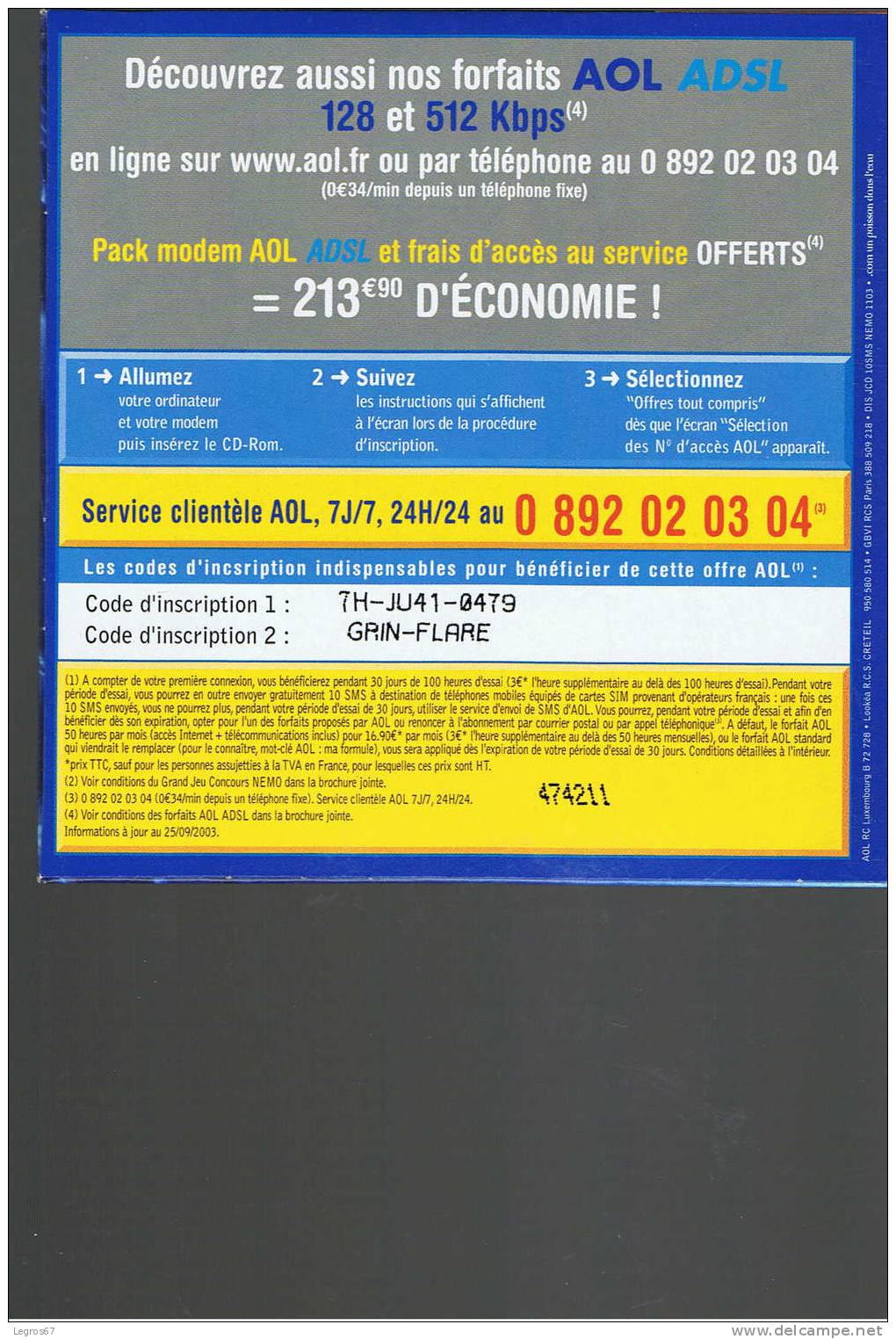 KIT INTERNET AOL 100 HEURES - NEMO - GRIN FLARE - Kit De Conección A Internet