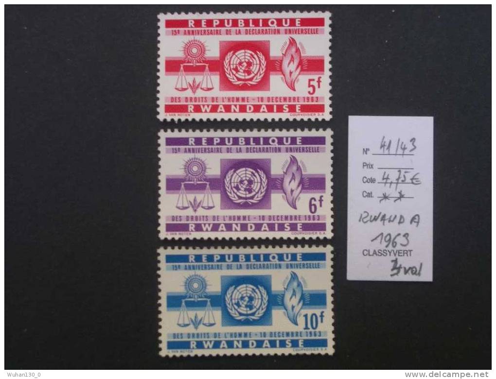 RWANDA  *  *  De  1963    "    15 Ans  Des Droits De L' Homme   "         3 Val . - Unused Stamps