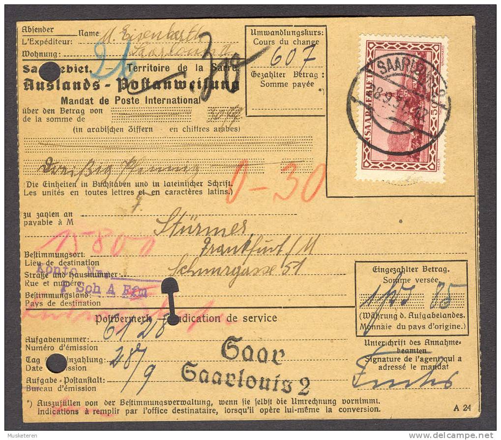 Saar Auslands-Postanweisung SAARBRÜCKEN 1931 To Frankfurt Germany (2 Scans) - Briefe U. Dokumente