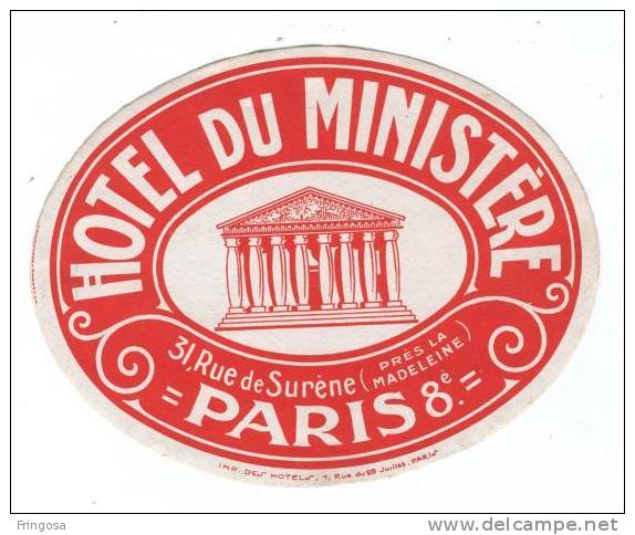 Luggage Label  - Hotel Du Ministére - France : Caixa # 8 - Etiquetas De Hotel