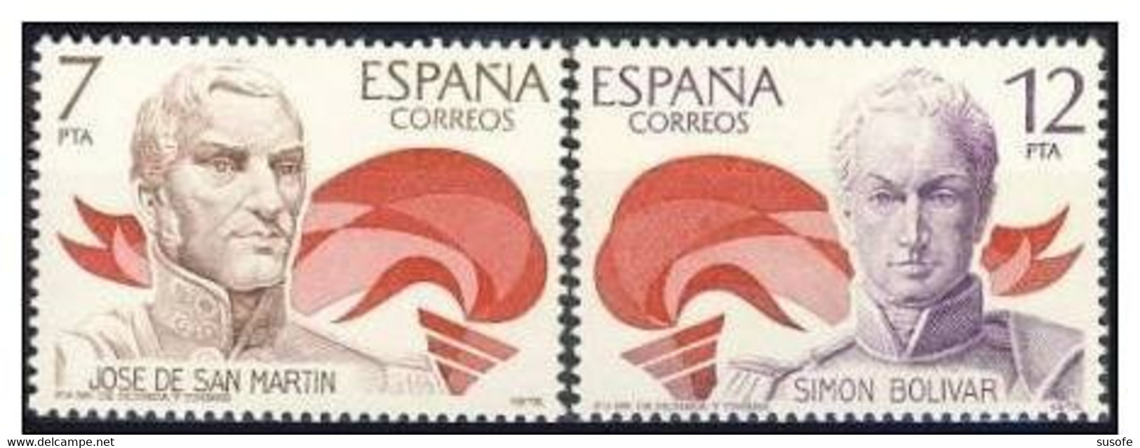 España 1978 Edifil 2489/90 Sellos * America España Jose De San Martin (1778-1850) Y Simon Bolivar (1783-1830) Mi. 2381/2 - Nuevos