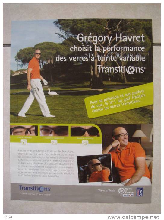 PUBLICITE, SPORT, GOLF, 2009 : "GREGORY HAVRET, VERRES TRANSITIONS", Cygne, Putter, Lunettes (26 Cm Sur 34 Cm) - Publicités