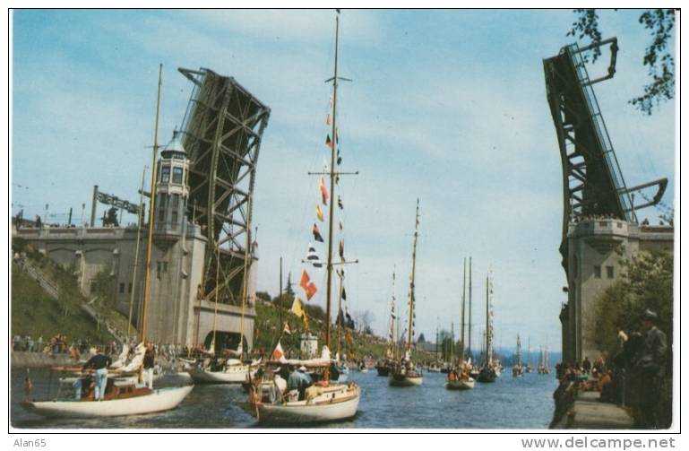 Montlake University District Draw-bridge, Opening Day Boat Season, Sailboats, On C1950s Vintage Chrome Postcard - Seattle