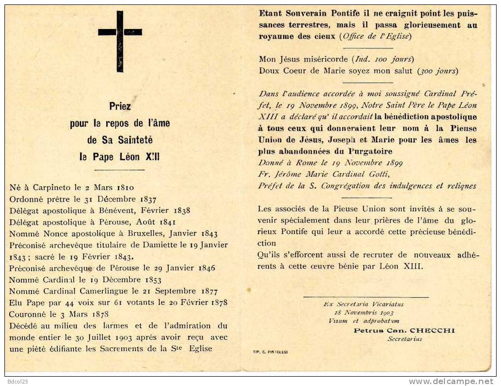 Image Mortuaire Pape Leon XIII Ne 1810 Decede 1903(195) - Autres & Non Classés