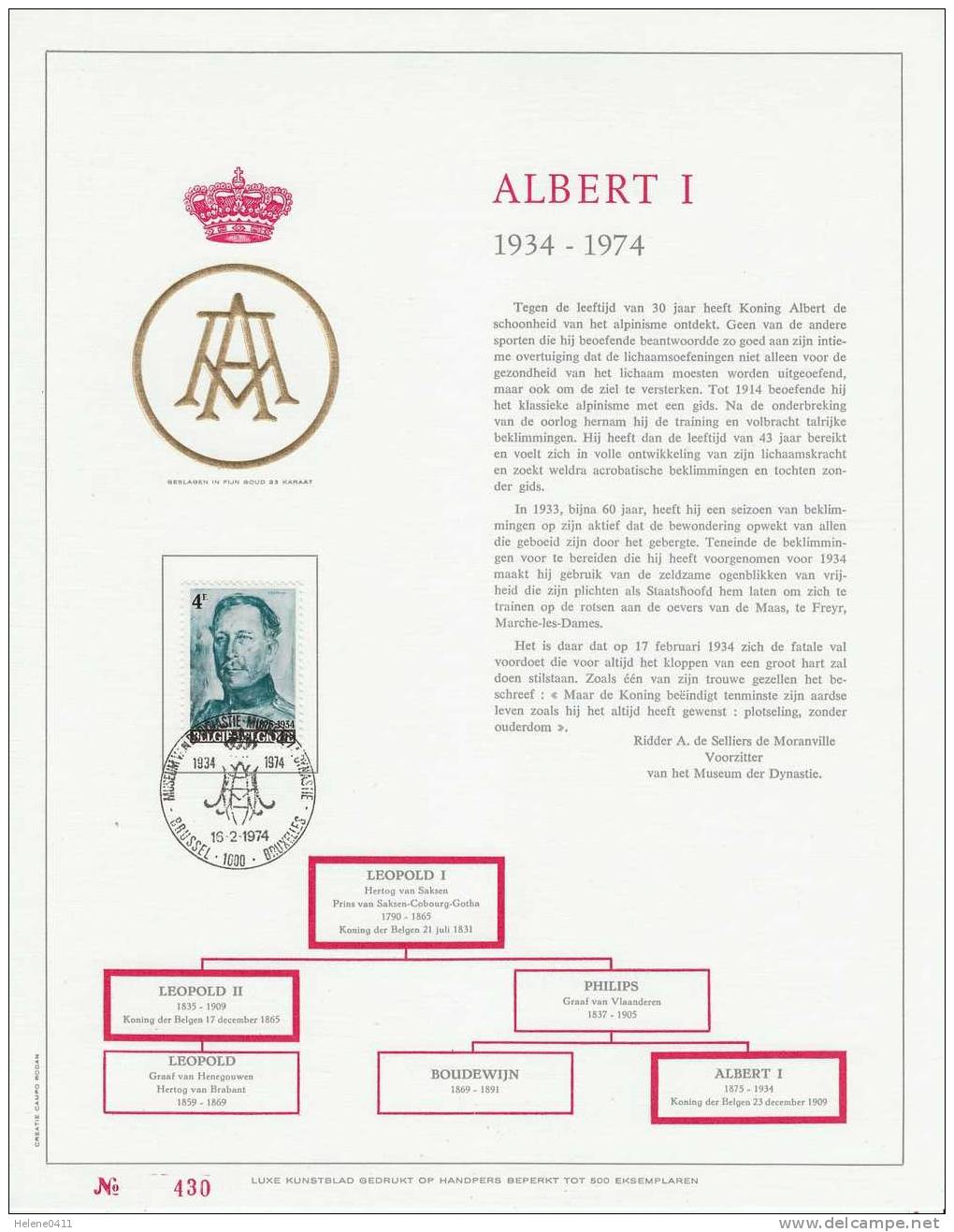 DOCUMENT 1ER JOUR DE BELGIQUE FRAPPE A L´OR - 40EME ANNIVERSAIRE DE LA MORT DE SA MAJESTE LE ROI ALBERT 1ER - Familles Royales