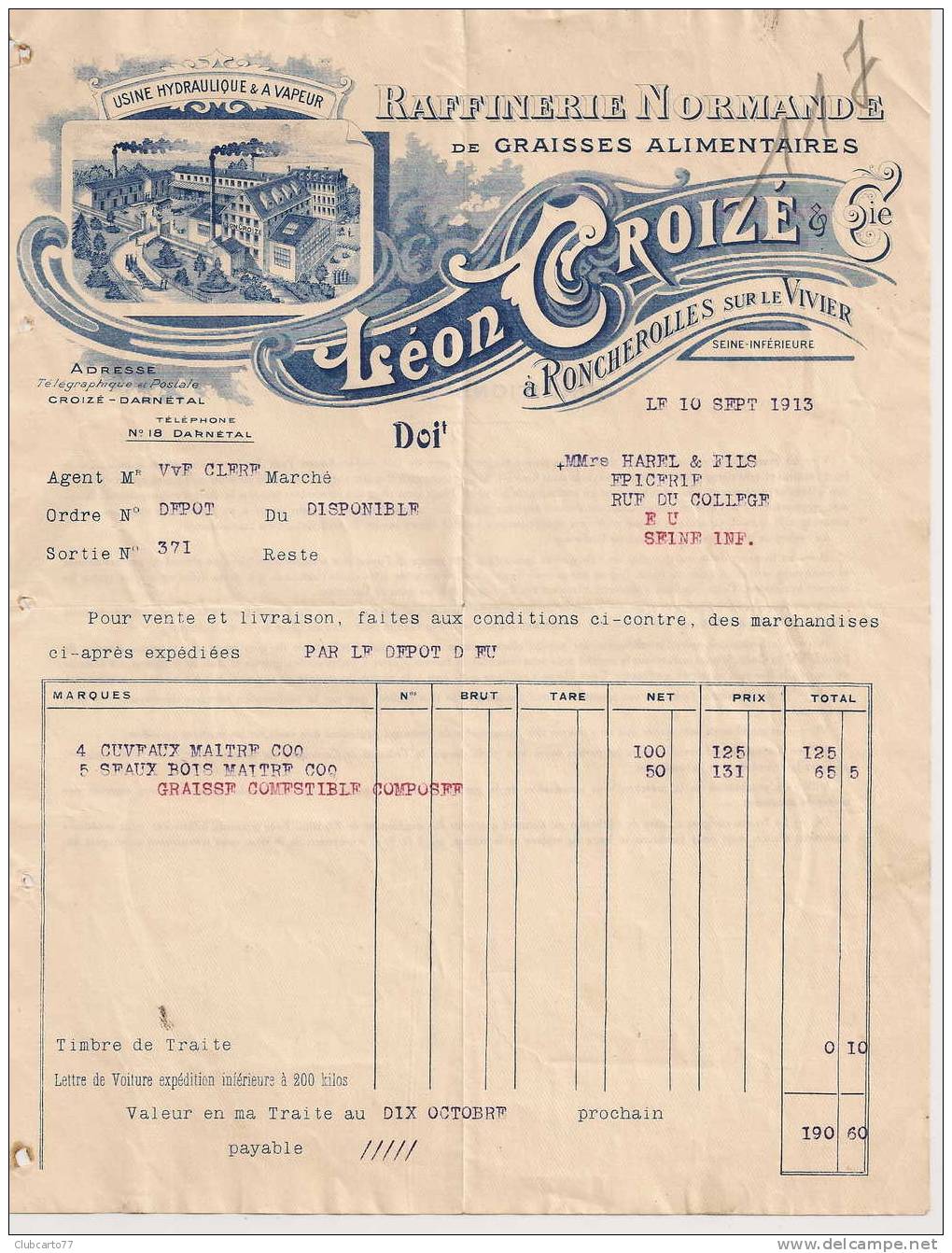 Rocherolles-sur-le-Vivier (76) : Facture De L´Entreprise De Raffinerie De Grais De 1912(animée, Dessin Usine) DOC RARE. - Other & Unclassified