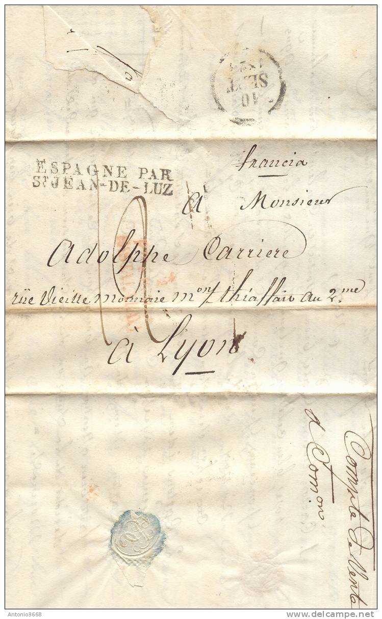 Año 1828 Prefilatelia Carta Madrid A Lyon Marcas Varias De M Porte Pagado Hasta La Raya, Espagne - ...-1850 Vorphilatelie