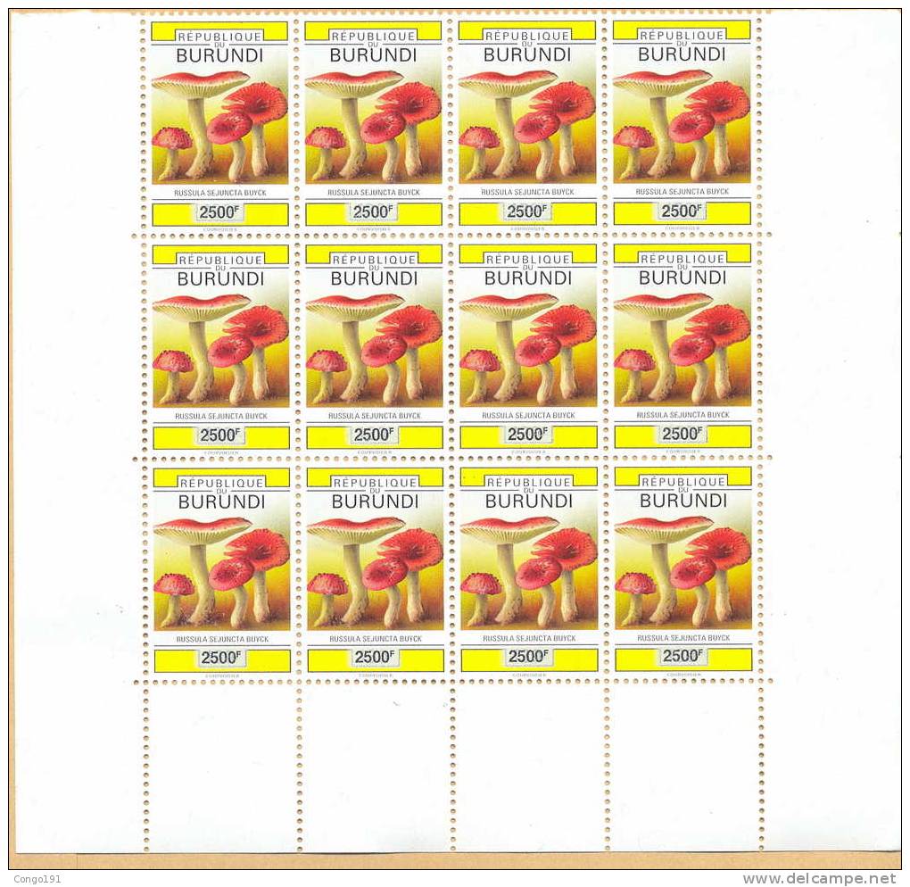 Burundi Champignon Mushrooms Nieuwe Blok Van 12 Met Overdruk 2500F MNH - Unused Stamps