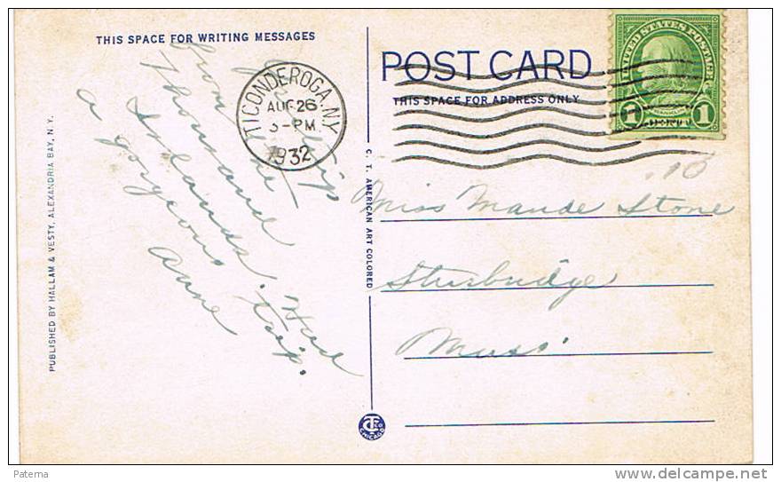 Postal, TICONDEROGA - NY 1932 ( USA) Post Card, - Cartas & Documentos