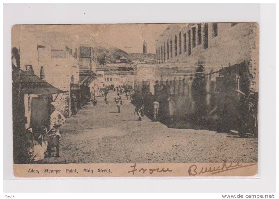 ADEN MAIN STREET- PICTURE Vintage POSTCARD-1905 (SLIGHT TORN @ TOP)-Great Britain-BEDFORD TO SUSSEX.GOOD PICTURE, - Aden (1854-1963)