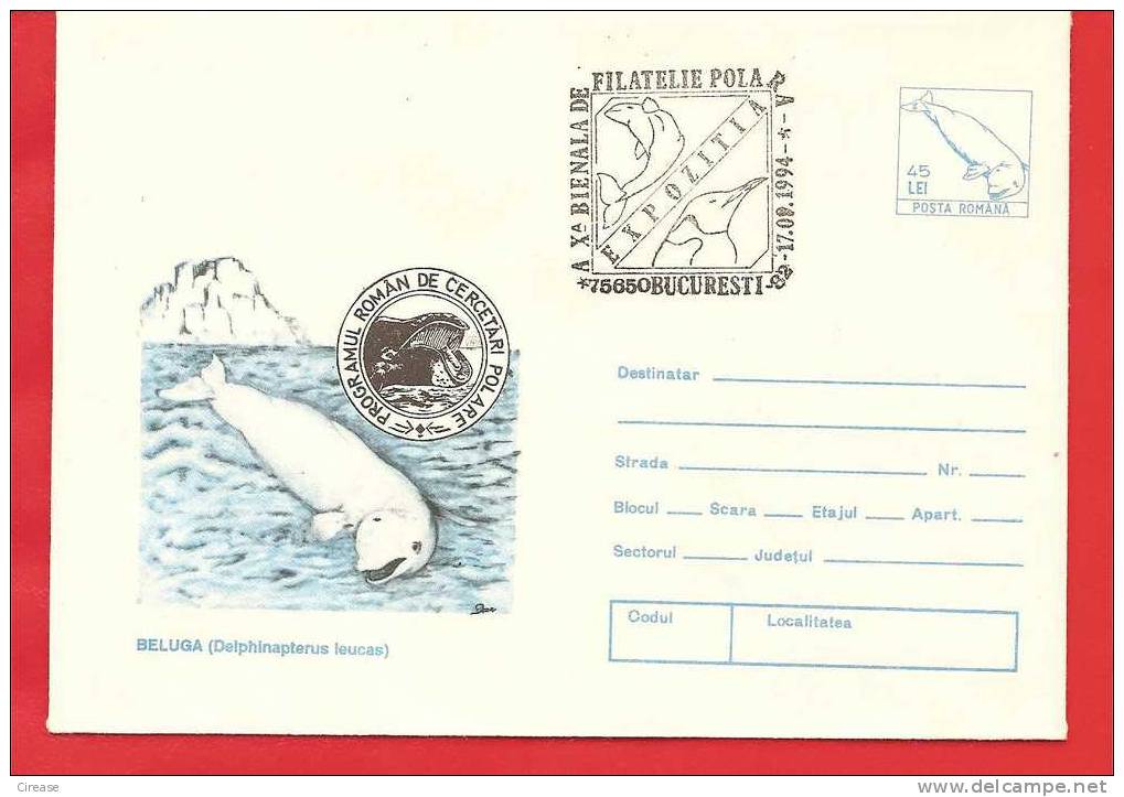 ROMANIA 1994 Postal Stationery Cover Polar Philately. . Beluga, Penguins Special Stamp - Dolphins