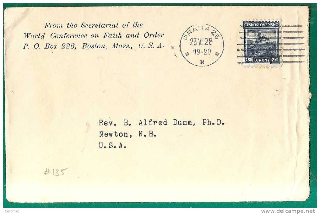 CZECHOSLOVAKIA - VF 1920 COVER From Secretariat Of The Wold Conference On Faith And Order - PRAHA To NEWTON, NH - Sonstige & Ohne Zuordnung