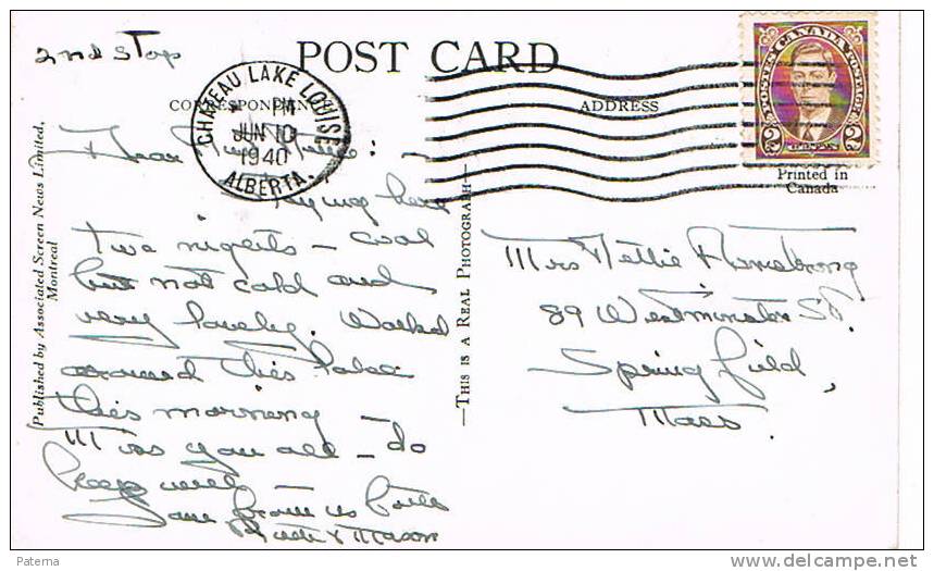 Postal, CHALEAU  LAKE LUISE -ALBERTA ( Canada) 1940, Post Card - Covers & Documents