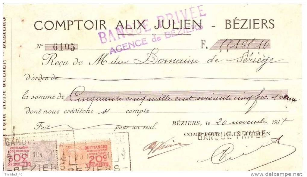 BEZIERS ( BANQUE PRIVEE ) COMPTOIR ALIX JULIEN 1917  TIMBRES FISCAUX   T B E  ! ! ! - Lettres De Change