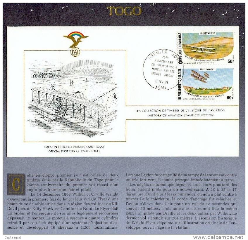 11 HA - FDC - Histoire De L´Aviation - 75° Anniversaire Du Premier Vol à Moteur Par Les Frères Wright - Togo - Flugzeuge