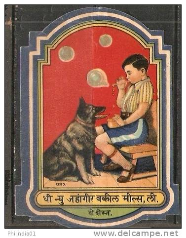 India Two Friends Dog Boy Vintage Textile Label Multi-colour - Other & Unclassified